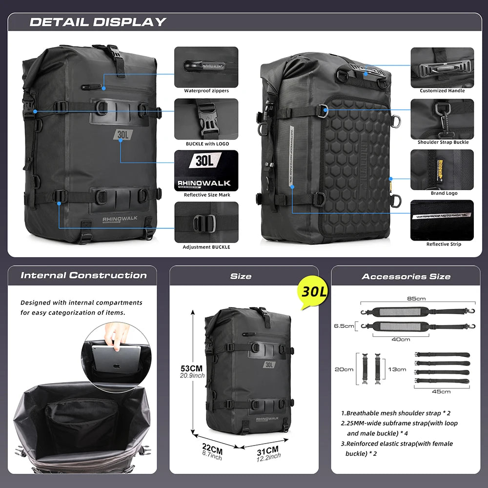 Rhinowalk Motorcycle Backpack Waterproof Bag 8L 15L 30L Motorbike Tail Bag Universal Outdoor Pannier Saddle Bag Accessories
