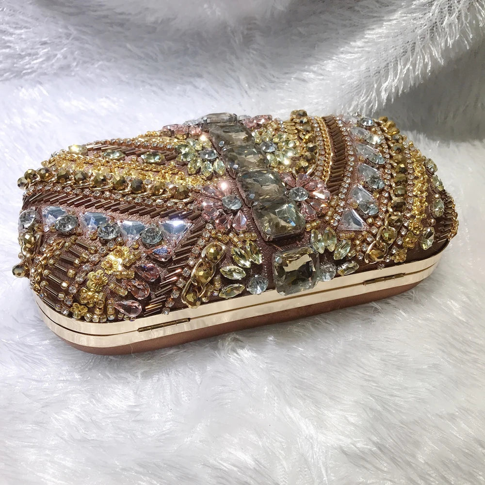SHELKSBAG Women Stone Heavy Beaded Evening Bags Vintage Brown Suede Rhinestone Metal Formal Events Clutch Bag Luxury Party Purse