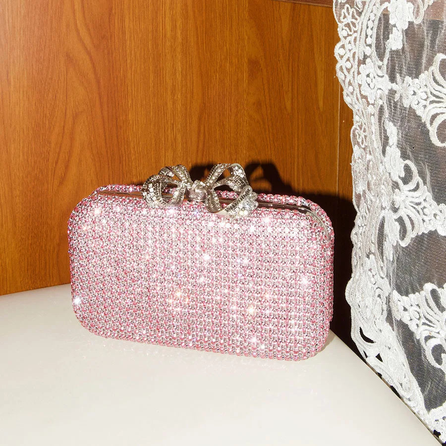 Luxury Diamond Clasp Evening Bag Bowknot Clutch Bags Rhinestone Small Box Bags Chains Shoulder Bags Wedding Party Purse Handbag