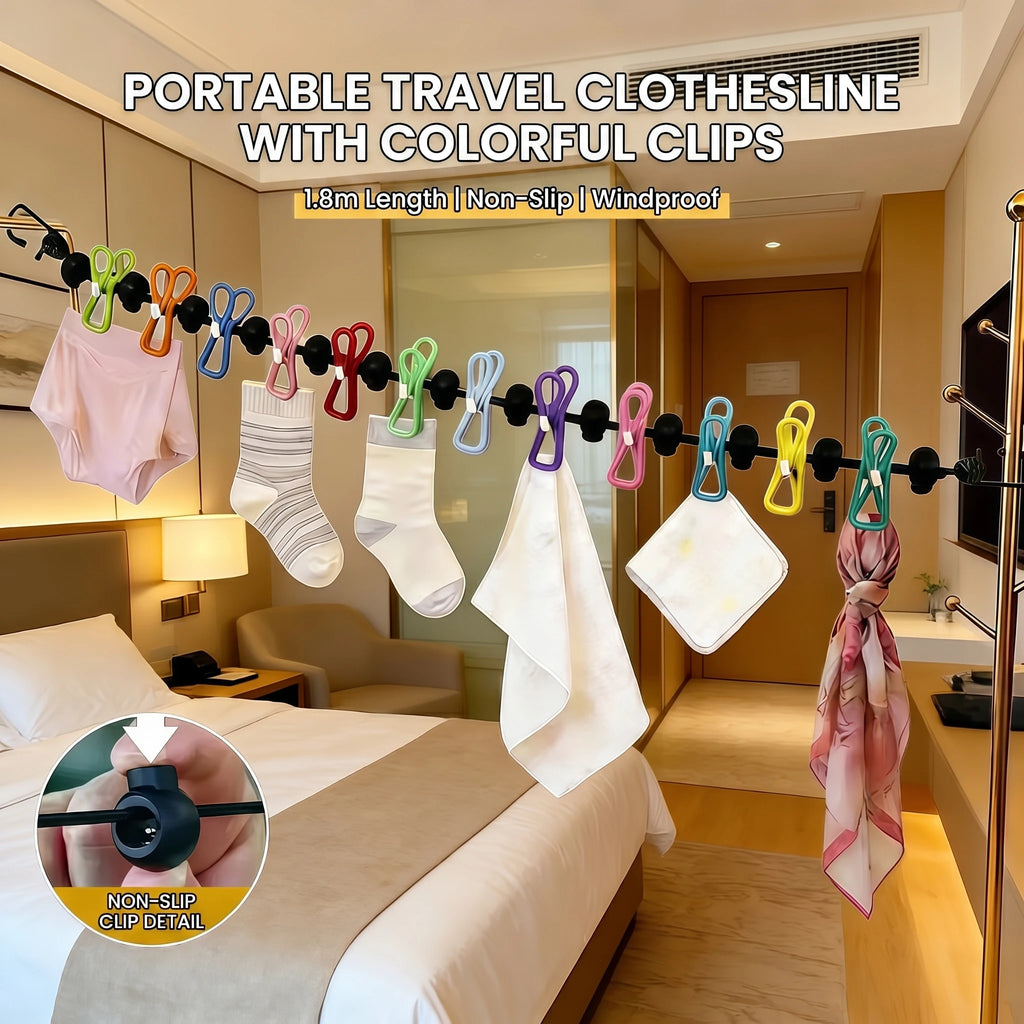 Travel Clothesline Clothes Line with 12 Clothes Clips Corde a Linge Voyage Camper Essentials for Travel/Courtyard/Balcony/Hotel