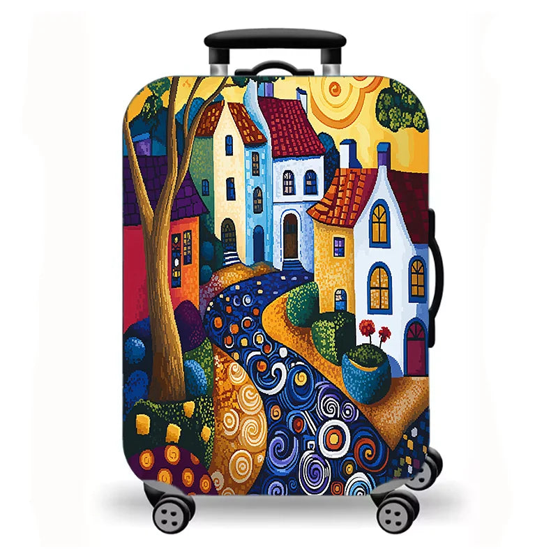 Luggage Cover, Colorful Fairy Tale Town Folk Art Print Stretch Suitcase Protector, Washable Anti-Scratch Travel Baggage Cover