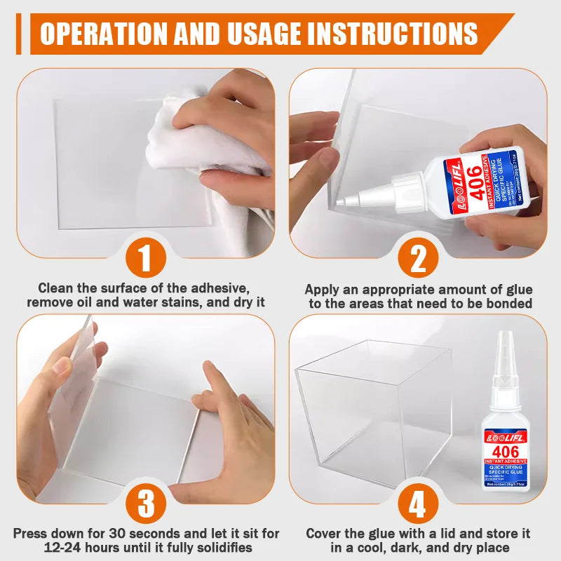 406 Super Glue, Fast-Drying Cyanoacrylate Super Glue and Universal Quick Repair of All Kinds of Glass Are Safe and Harmless.