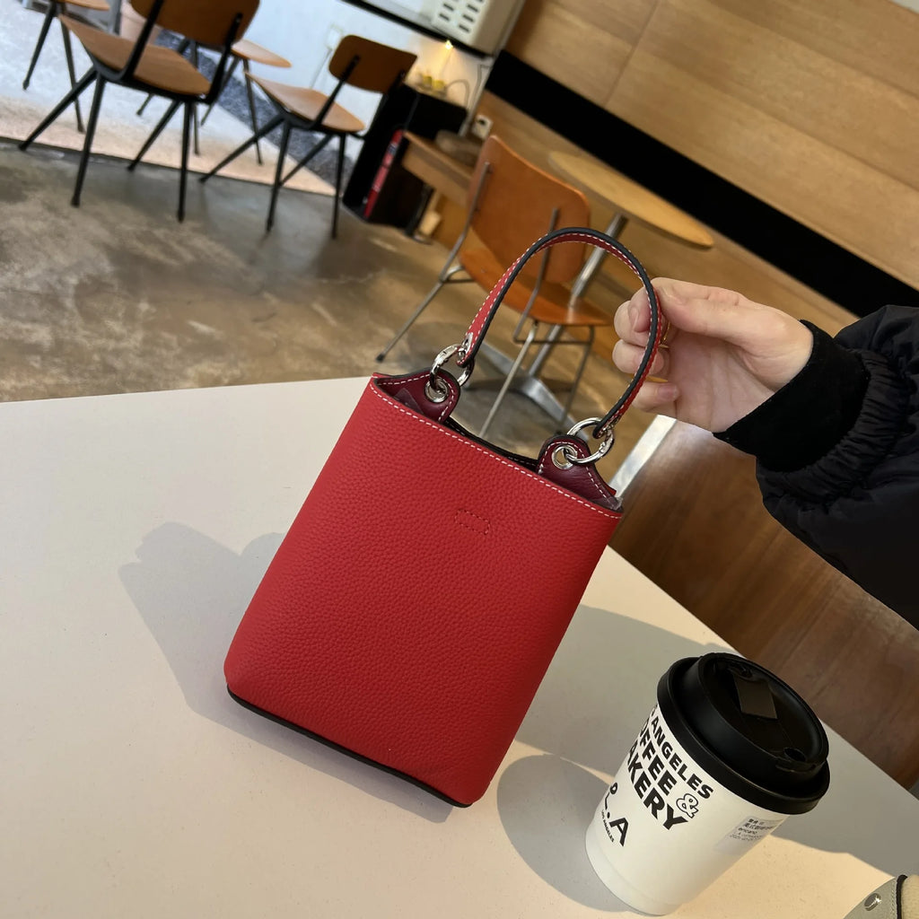 Contrasting Color First Layer Cowhide Mobile Phone Bag, New Mini Bucket Multi-function Portable Shoulder Messenger Women's Bag