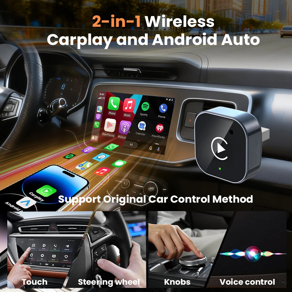 Wireless Carplay Android Auto Wireless Adapter Smart Dongle 2in1 2.4G & 5.8Ghz WiFi BT Auto Connect Plug&Play For Wired AA CP