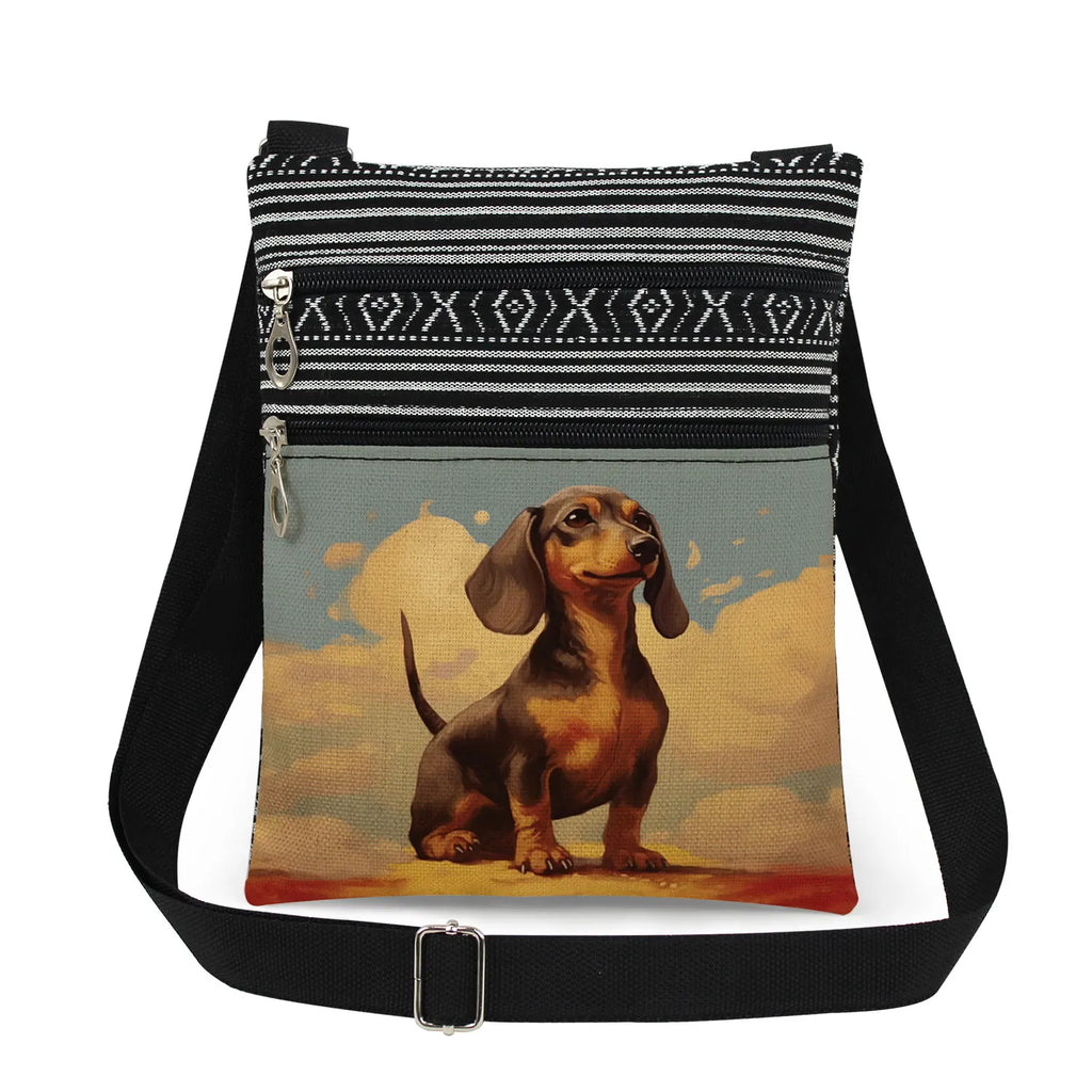 Cute Dachshund Print Crossbody Bag Female Floral Animal Shoulder Bags Fashion Outdoor Portable Double Zipper Lady Messenger Bag