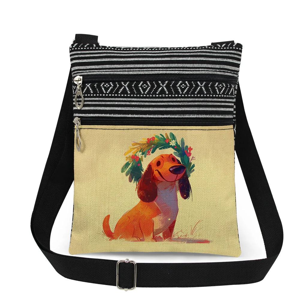 Cute Dachshund Print Crossbody Bag Female Floral Animal Shoulder Bags Fashion Outdoor Portable Double Zipper Lady Messenger Bag