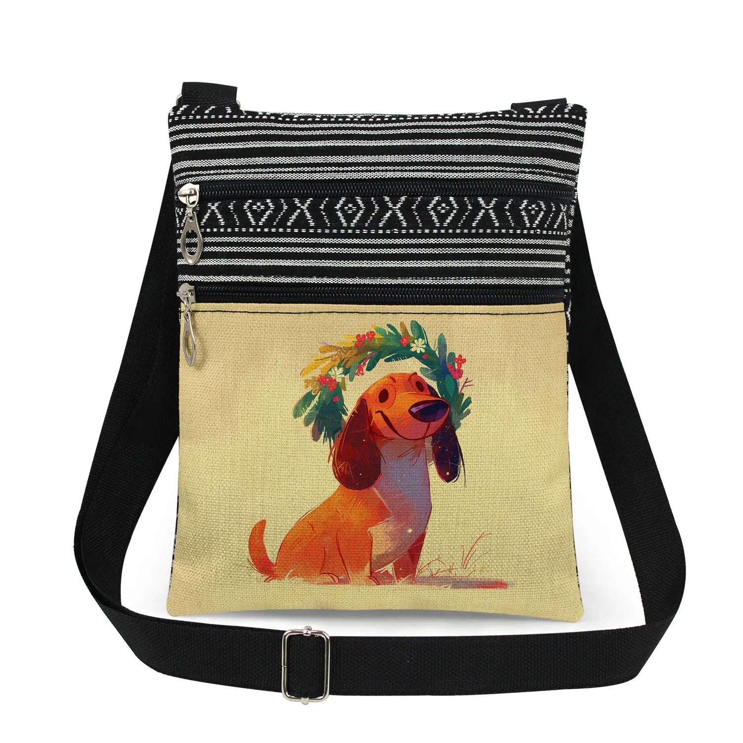Cute Dachshund Print Crossbody Bag Female Floral Animal Shoulder Bags Fashion Outdoor Portable Double Zipper Lady Messenger Bag