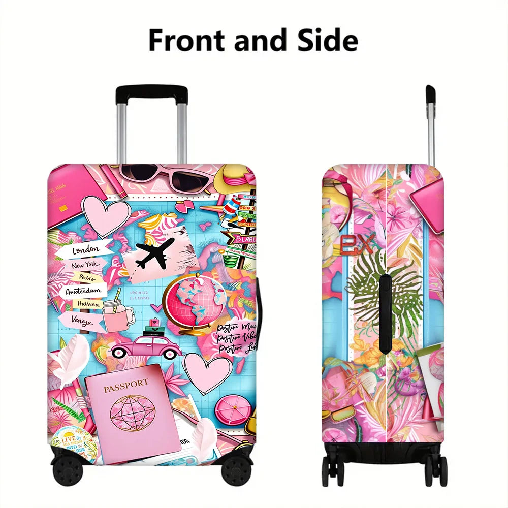 1PC Tropical Pink Travel Collage Print Luggage Cover for luggage sizes 18-32 inches; dust and elastic travel accessories to e