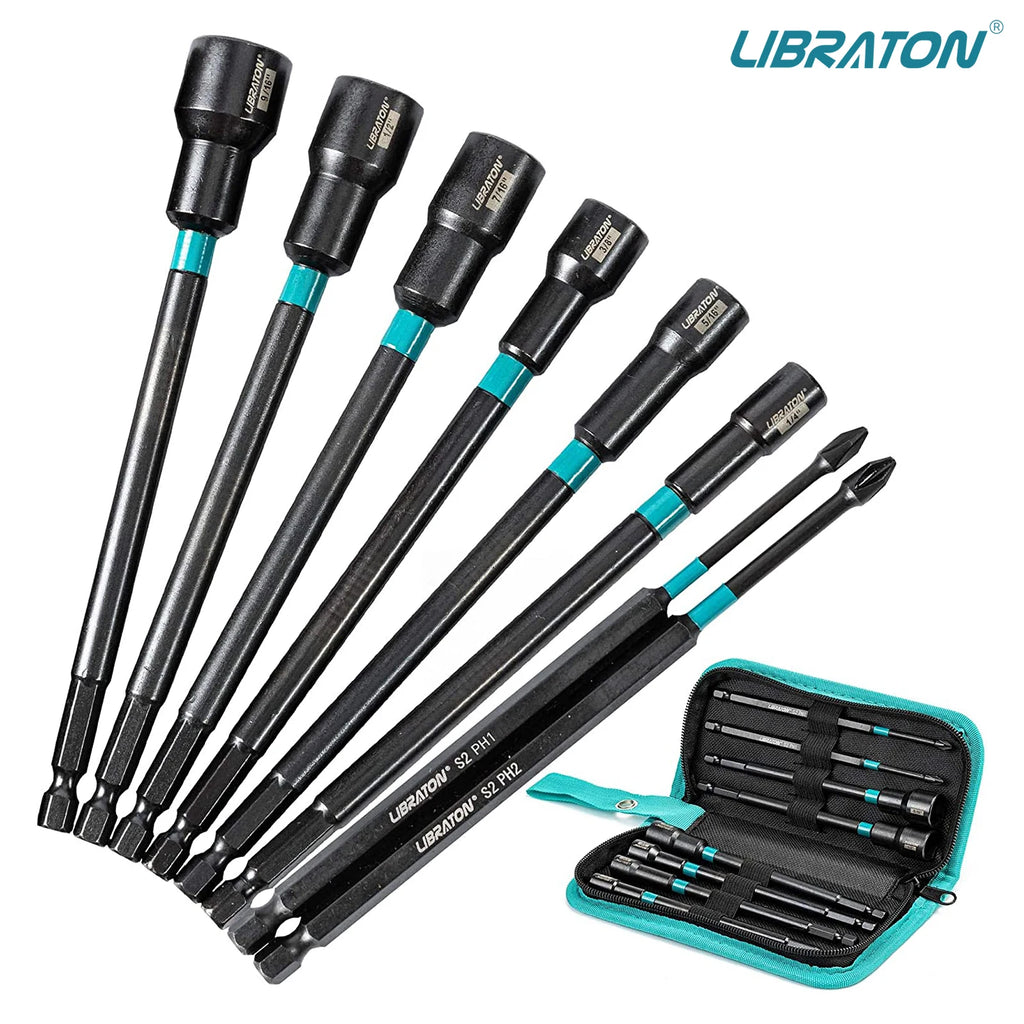 LIBRATON 8PCS Magnetic Nut Driver Set, Nut Drivers 6", Metric / SAE Nut Drivers, Shank Nut Driver Bits, 1/4"Hex Shank, Long Bits