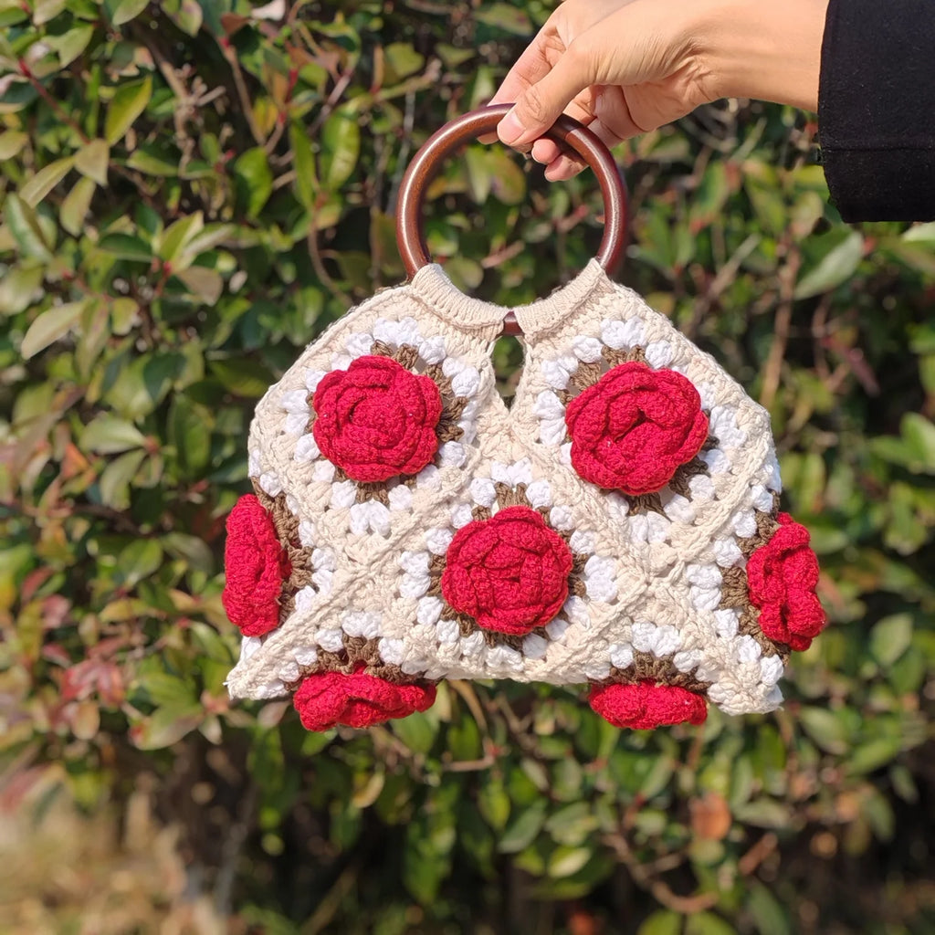 Handmade Crochet Rose Bag | Boho Floral Handbag with Wooden Handles | Summer Casual Tote
