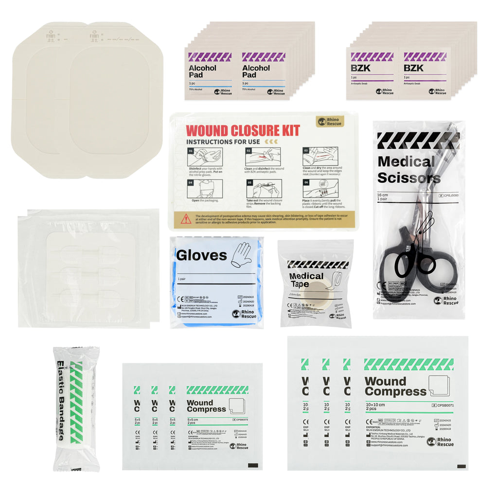 RHINO RECUE Emergency Wound Closure Strip Kit Surgical Quality Laceration Repair Without Stitches Gauze, Bandage Antiseptic Wipe