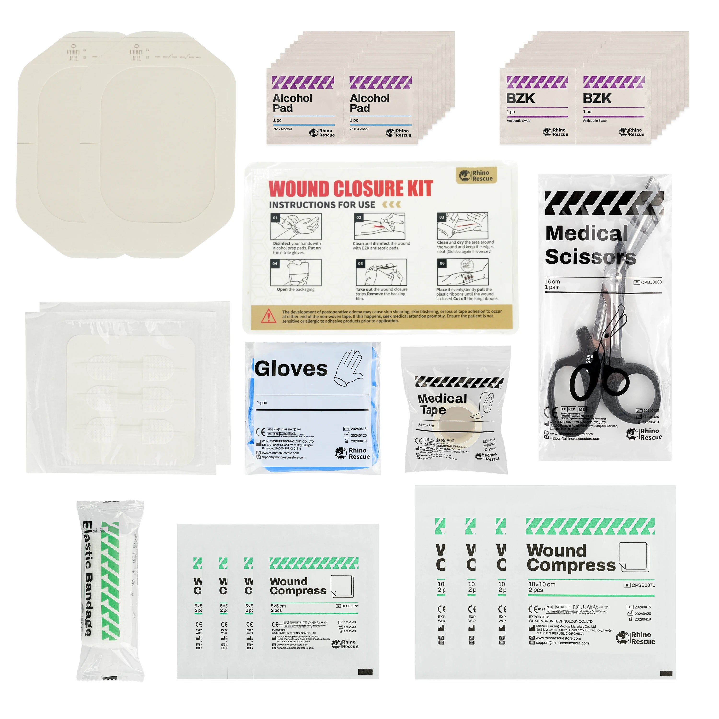 RHINO RECUE Emergency Wound Closure Strip Kit Surgical Quality Laceration Repair Without Stitches Gauze, Bandage Antiseptic Wipe