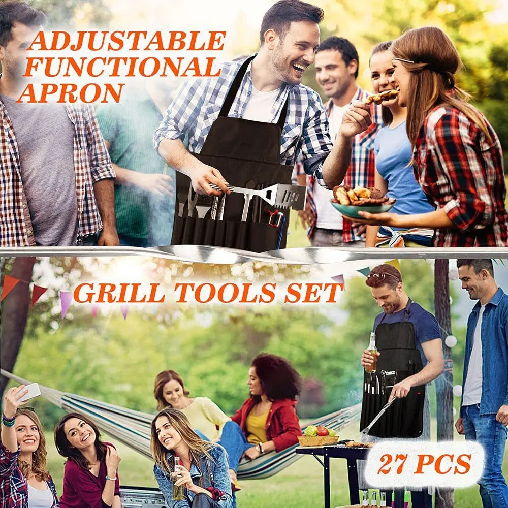 39 Pcs Outdoor BBQ Grill Accessories Tool Sets with Apron & Oxford Cloth Case Stainless Steel Stick Tools for Camping & Kitchen