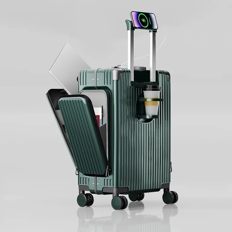 New-style three-opening multifunctional front-opening suitcase, 20-inch PC material with double side pockets, large-capacity tra