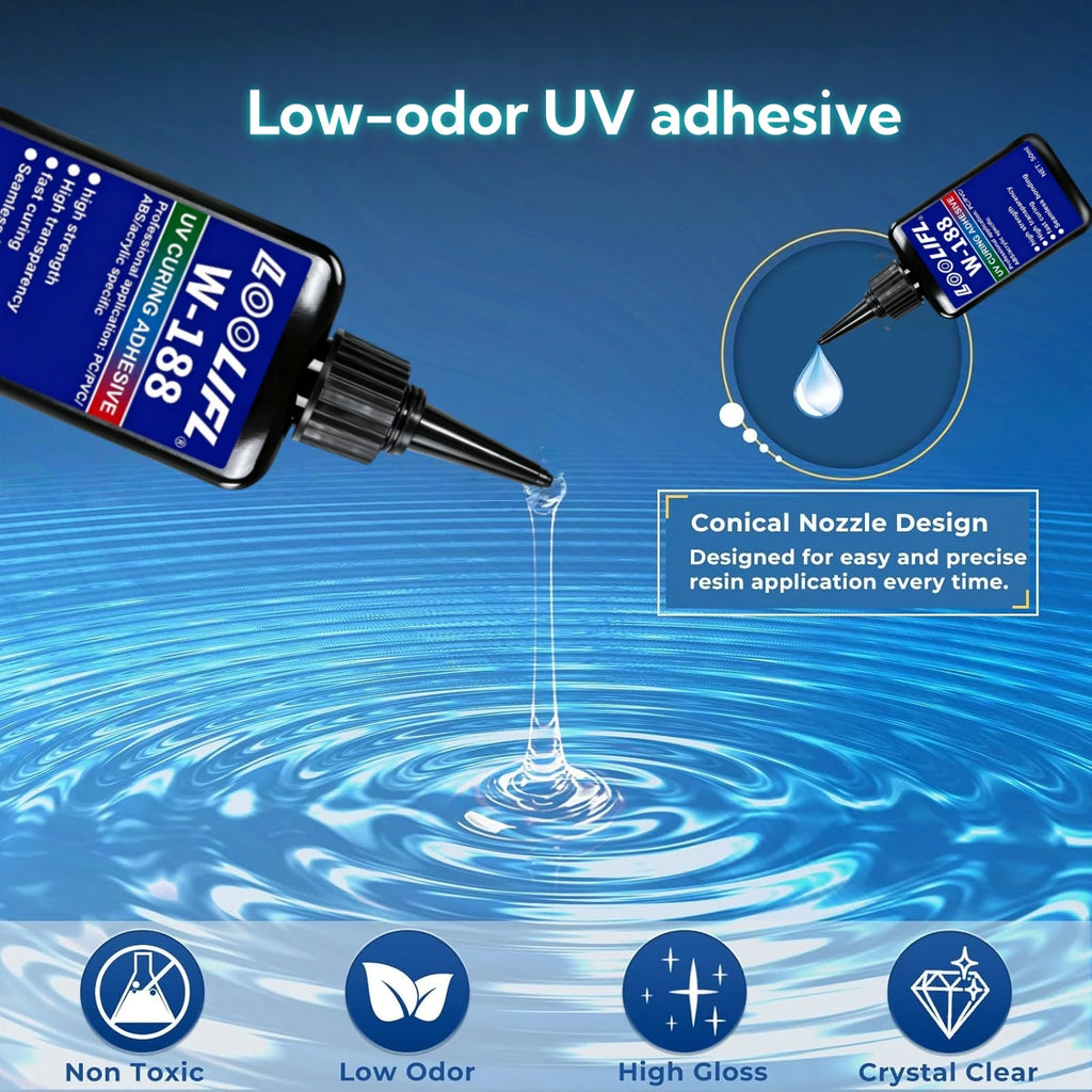 LOOLIFL W-188 50ml UV Curing Adhesive High Strength Clear UV Resin Glue Fast Cure Seamless Bond for ABS PC PVC Acrylic DIY Jewelry Craft Repair