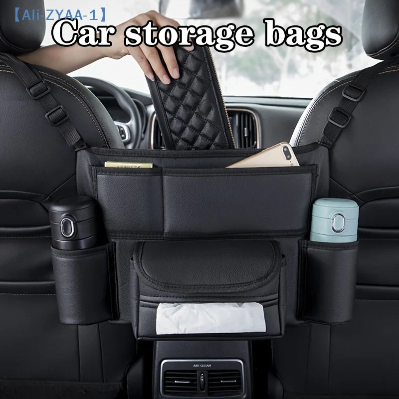 【ZYAA-1】One Durable PU Leather Car Seat Storage Bag With Cup Holder, Side Pockets And Front Storage Compartment.