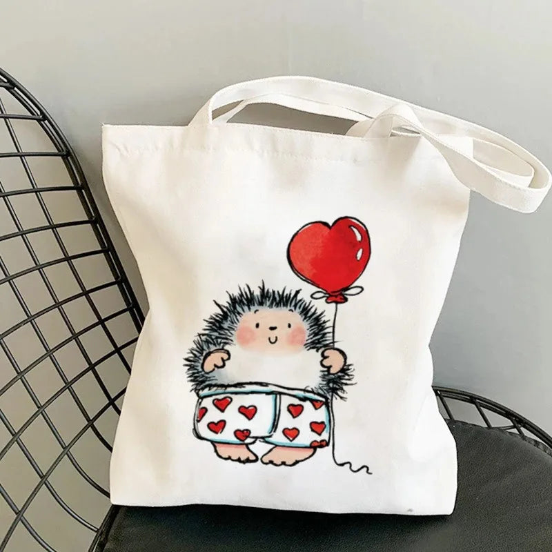 Cute Hedgehog Pattern Canvas Tote Bag With Adorable Heart Mushroom Balloon DesignsStylish Versatile Shoulder Bag For Daily Use