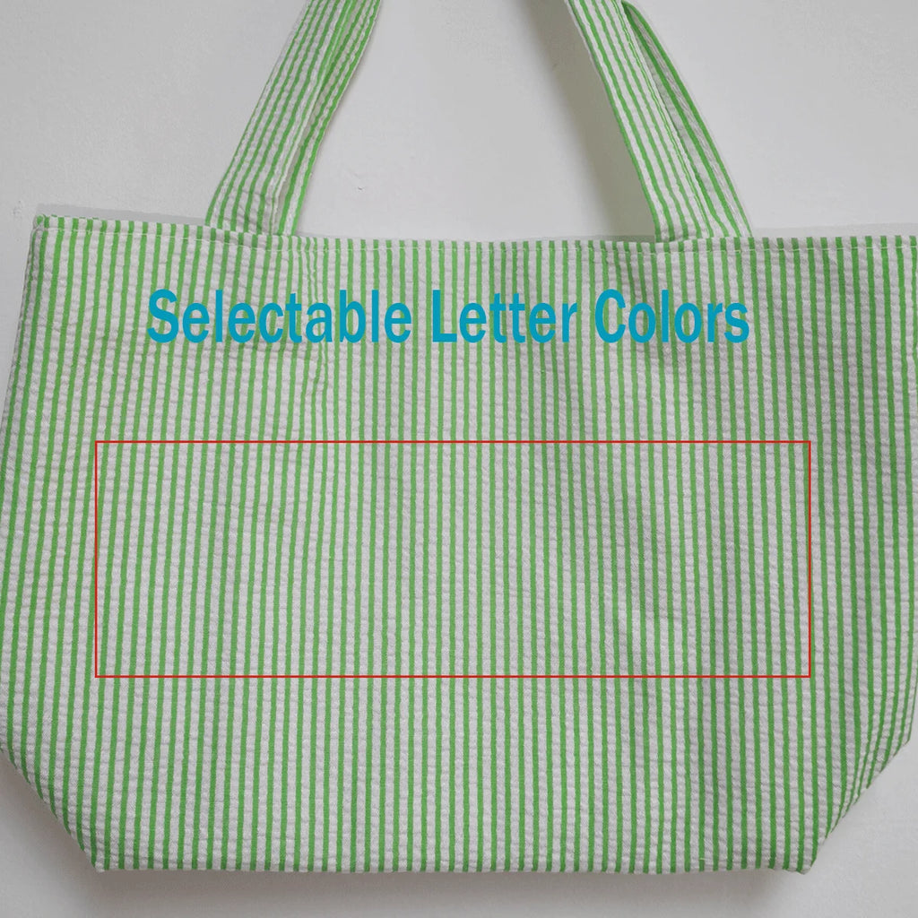 Custom Seersucker Cosmetic Handbag and Travel Organizer — Personalized Chenille Letter Toiletry Bag and Summer Beach Tote
