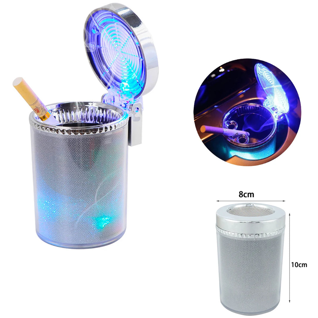 Car Ashtray Cup with Lid Anti-Odor Stainless Steel LED Light One-Click Open Car Ashtray Portable Removable Fireproof