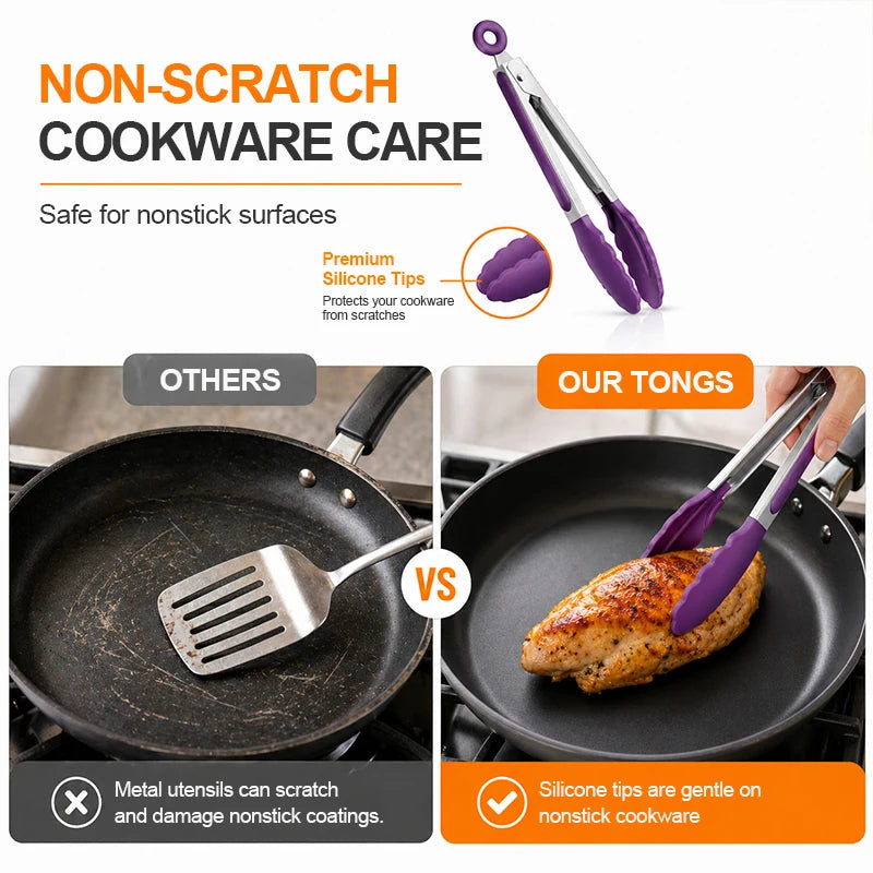 8 Inch Silicone Kitchen Tongs Heat Resistant BPA-Free Stainless Steel BBQ Grill Food Tongs Anti-Slip Cooking Clip for Steak