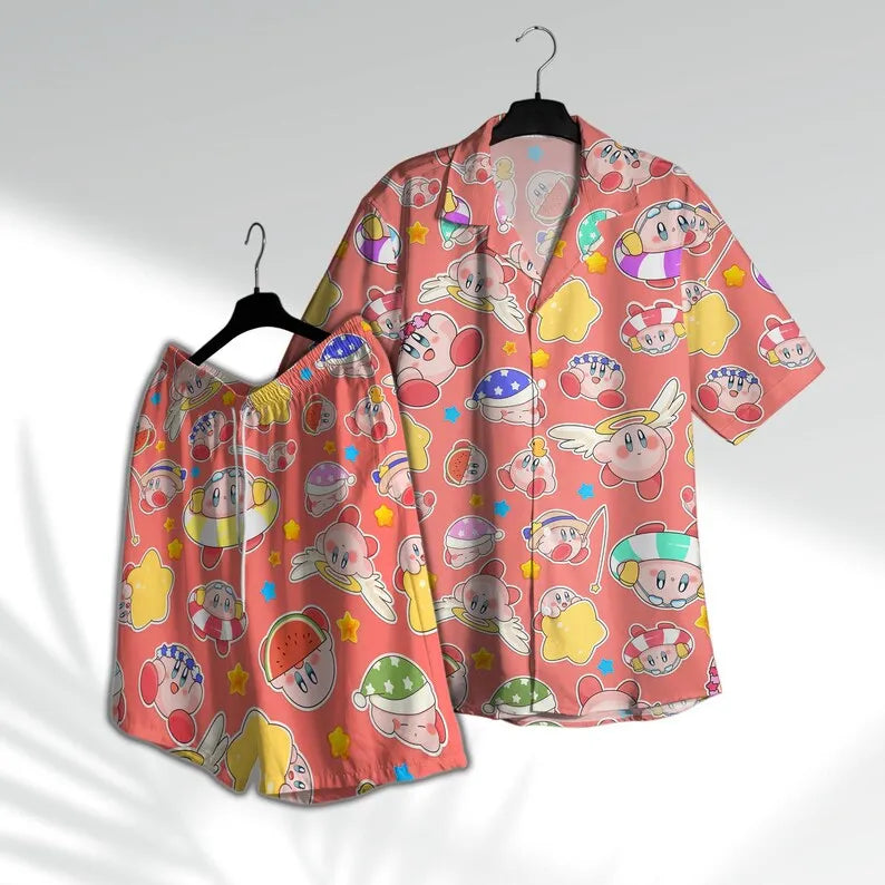 Summer Hot Selling Pink Ball Men Women Hawaiian Shirt Beach Shorts Two-piece Set Cute Home Anime Pajamas T-shirt Shorts Set Gift