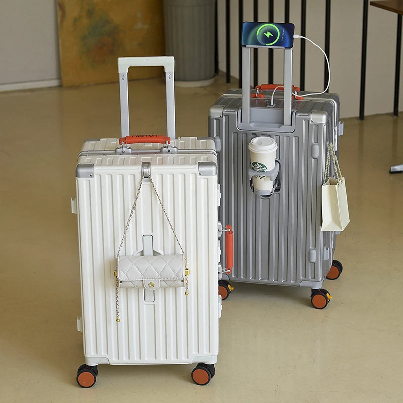 20-28 Color-Block Large Capacity Travel Suitcase with Thickened Aluminum Frame, PC Luggage with Brake Wheels Student Cabin Bag