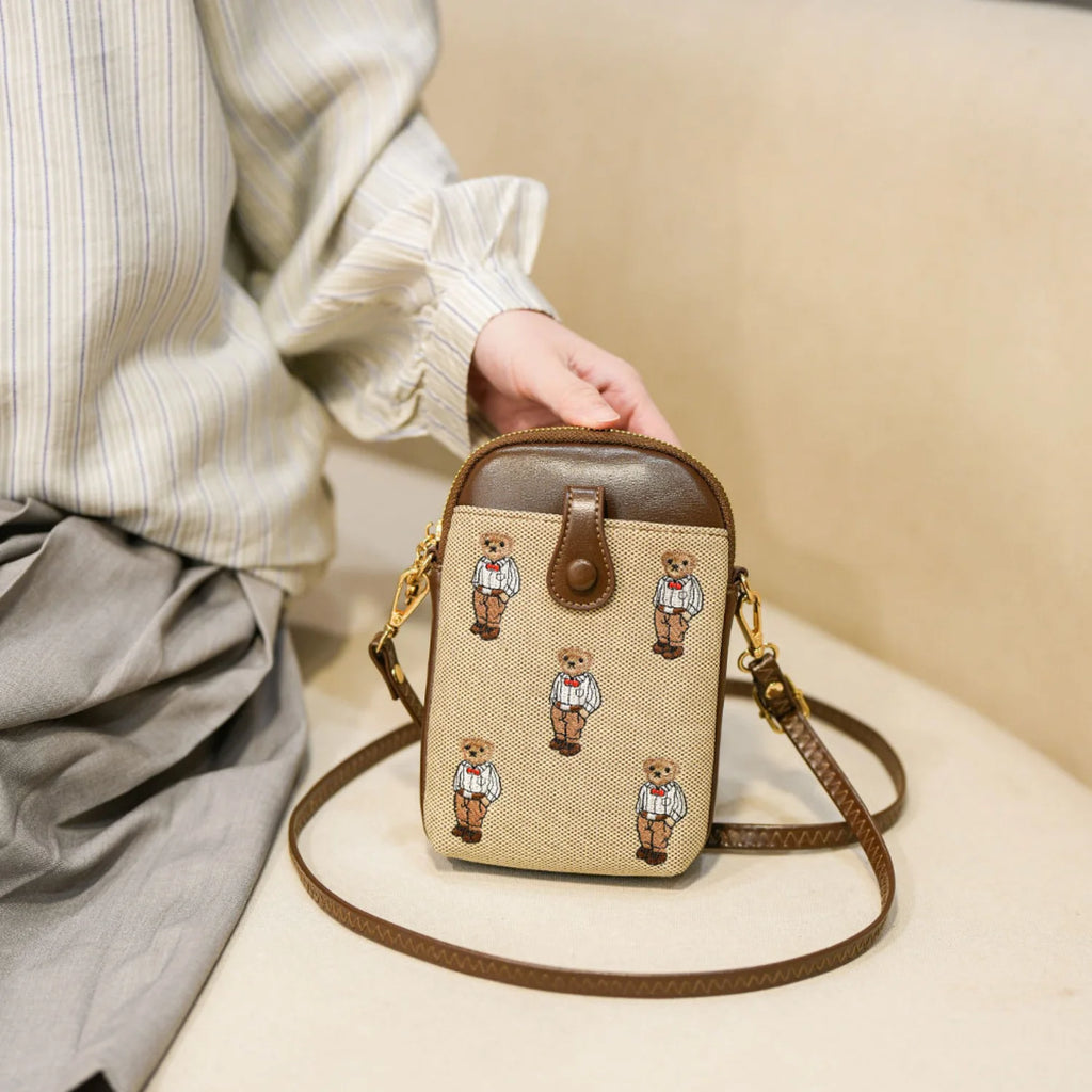 Canvas Embroidered Bear Mobile Phone Bag for Women Large Capacity Crossbody Bag with Compartments