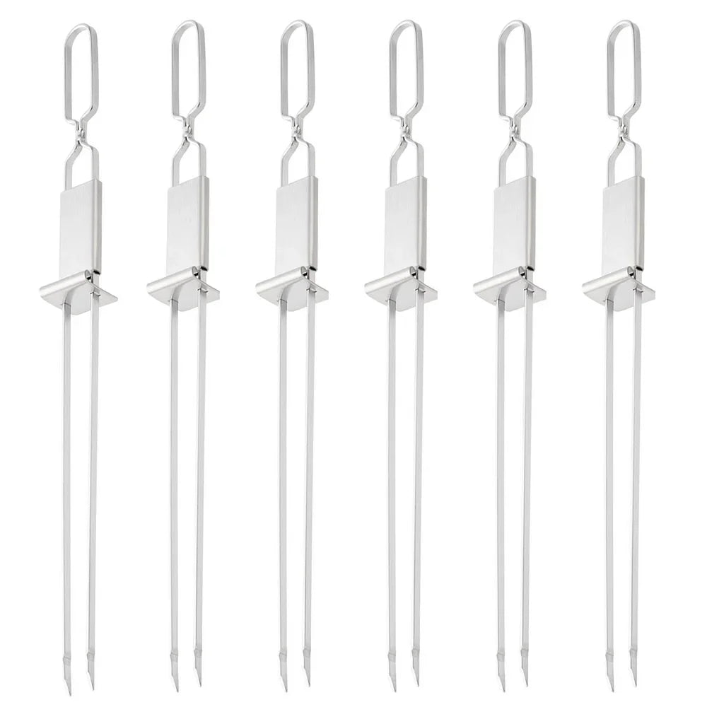 2/4/6Pcs Barbecue Grill Fork Stainless Steel Semi-automatic Double Head Metal Skewers Portable BBQ Fork Camping Picnic Grilling