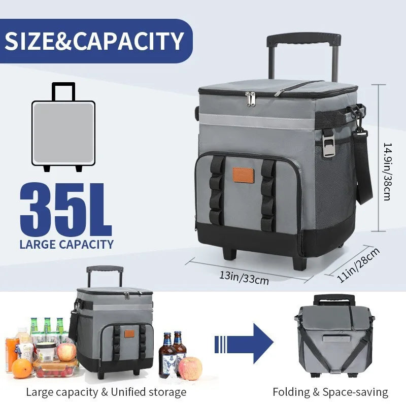 Rolling Cooler Bag with Handle Large Insulated Tote for Picnic, Camping, Car Travel Wheeled Thermal Lunch Box Portable