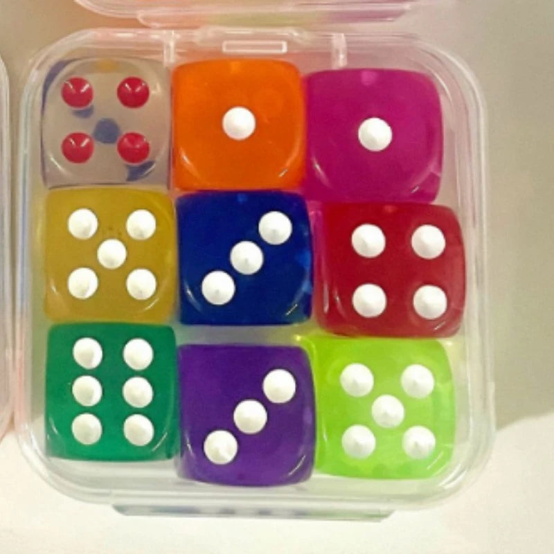 9 Pieces Transparent Color Dice with Box 6 Sided Dice for Board Games 14mm 16mm Bulk for Math Learning Dice for Classroom