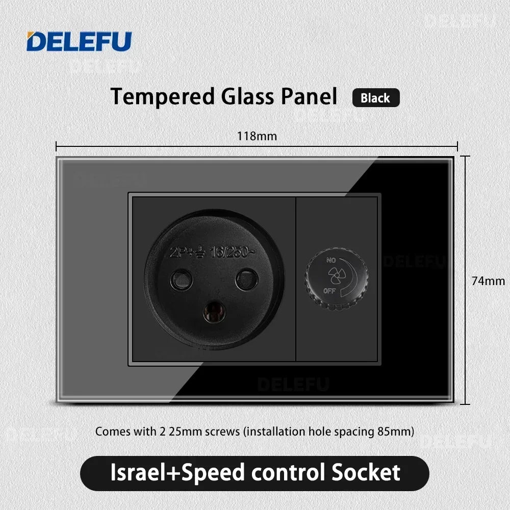 DELEFU Black Tempered Glass Israel USB Type C Fast Charging Wall Socket Light Tuya Wifi Smart Switch Sat TV Tel Doorbell Curtain