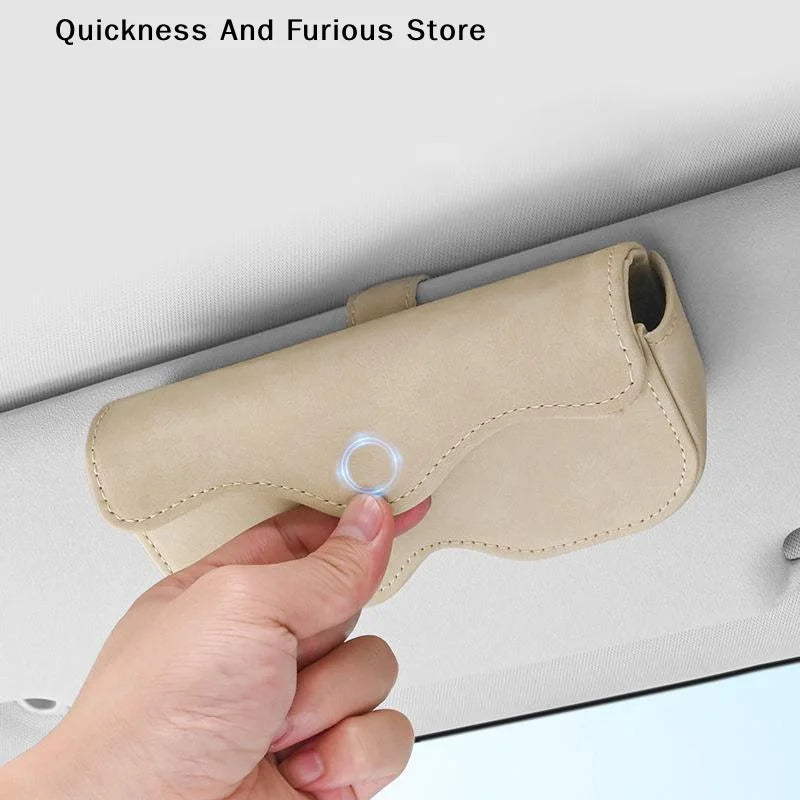 Suede Leather Car Eyeglass Case Automatic Closing Non-slip Auto Sun Visor Glasses Holder Magnetic Multi-functional Eyewear Clips