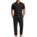 Men's Linen Popular Breathable Simple Two-Piece Set, Stand Collar Short-Sleeve Shirt with Straight-Leg Casual Pants