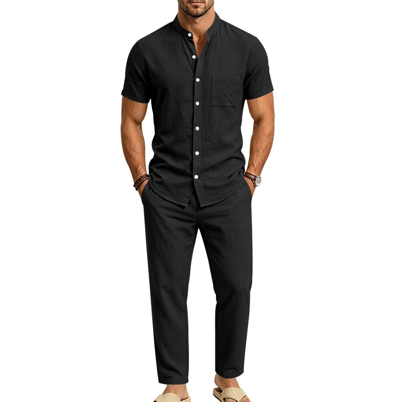 Men's Linen Popular Breathable Simple Two-Piece Set, Stand Collar Short-Sleeve Shirt with Straight-Leg Casual Pants