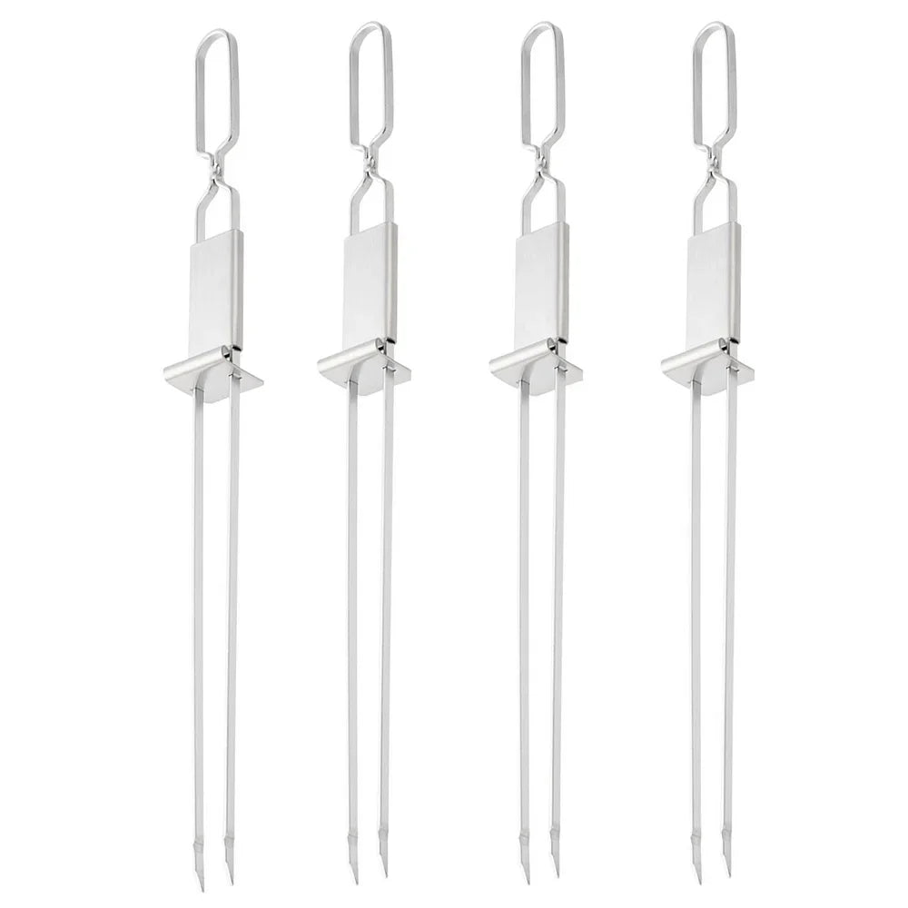 2/4/6Pcs Barbecue Grill Fork Stainless Steel Semi-automatic Double Head Metal Skewers Portable BBQ Fork Camping Picnic Grilling