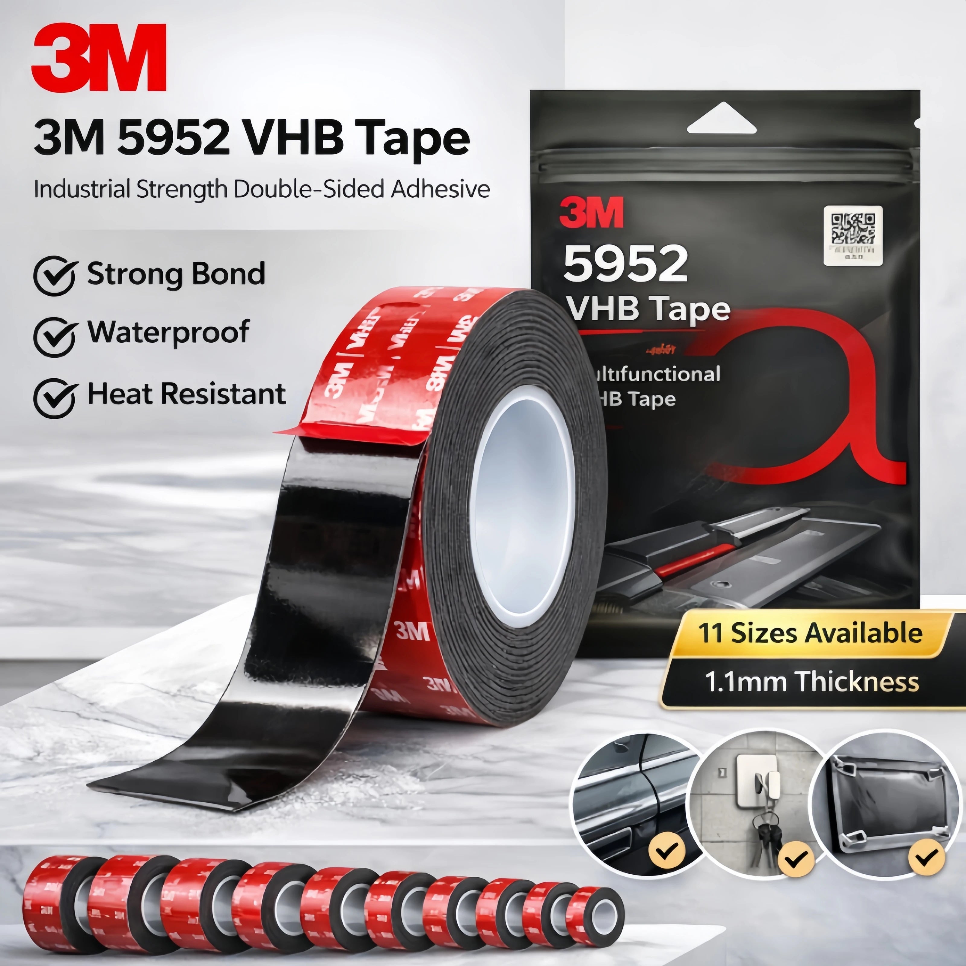 Original 3M 5952 VHB Double Sided Tape Strong Adhesive Foam Tape 1.1mm Thickness Waterproof Heat Resistant for Car Mounting
