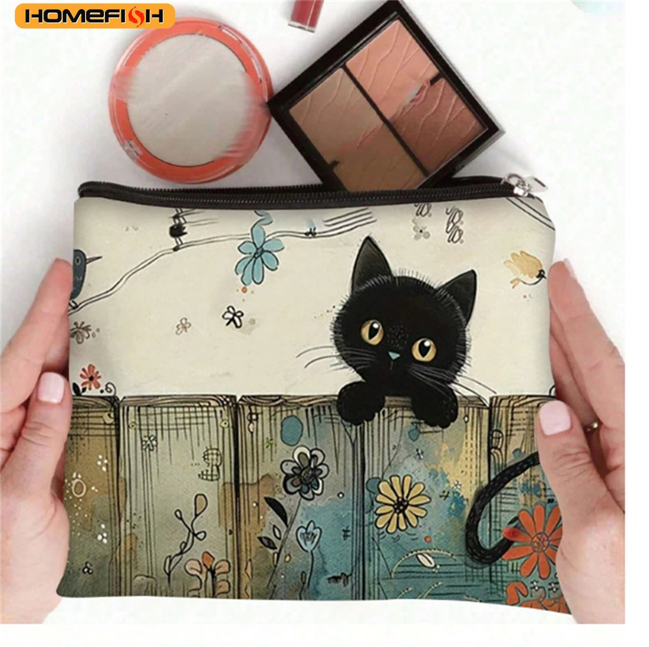 HOMEFISH Black Cat Floral Zipper Pouch - Durable, Fade-Resistant Cosmetic Bag, Gift for Sisters, Friends, Cat Lovers | Vibrant
