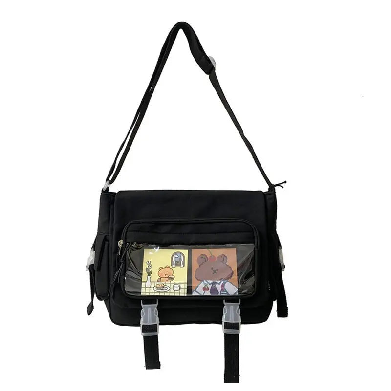 Kawaii Nylon Crossbody Bag, Clear Pocket Front Shoulder Bag, Student Flap Messenger Bag