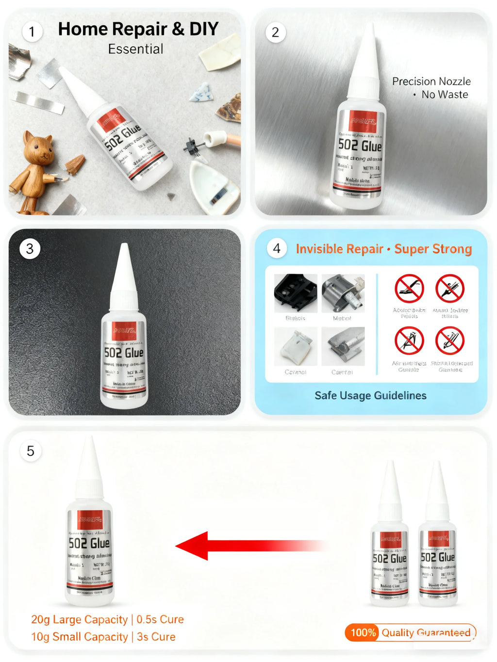 502 Super Adhesive - Quick Drying Cyanoacrylate, Suitable for Leather, Rubber, Metal, Strong Adhesive, Colorless and Transparent