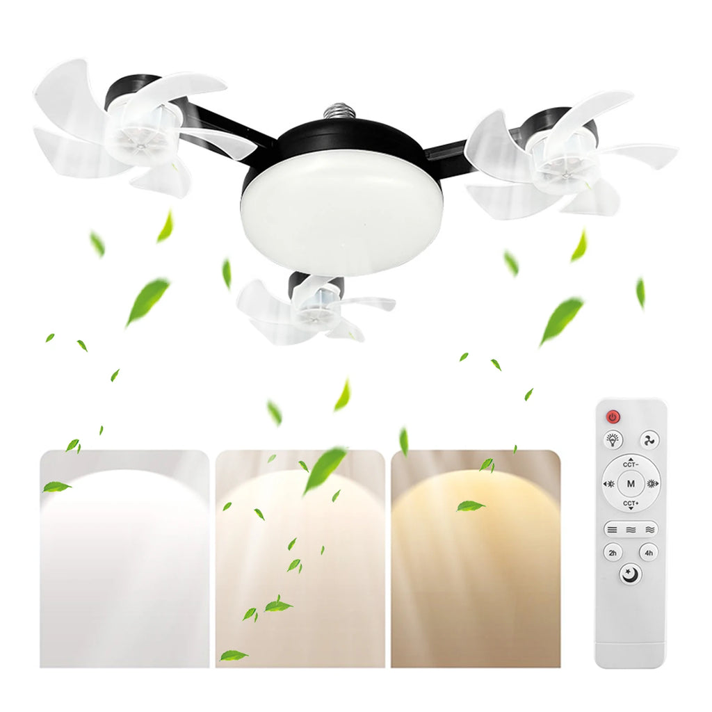 E27 Screw in Ceiling Fan Light with Remote Control Socket Fan Light Drone Fan Dimmable 3Color Dimming for Bedroom Kitchen Garage