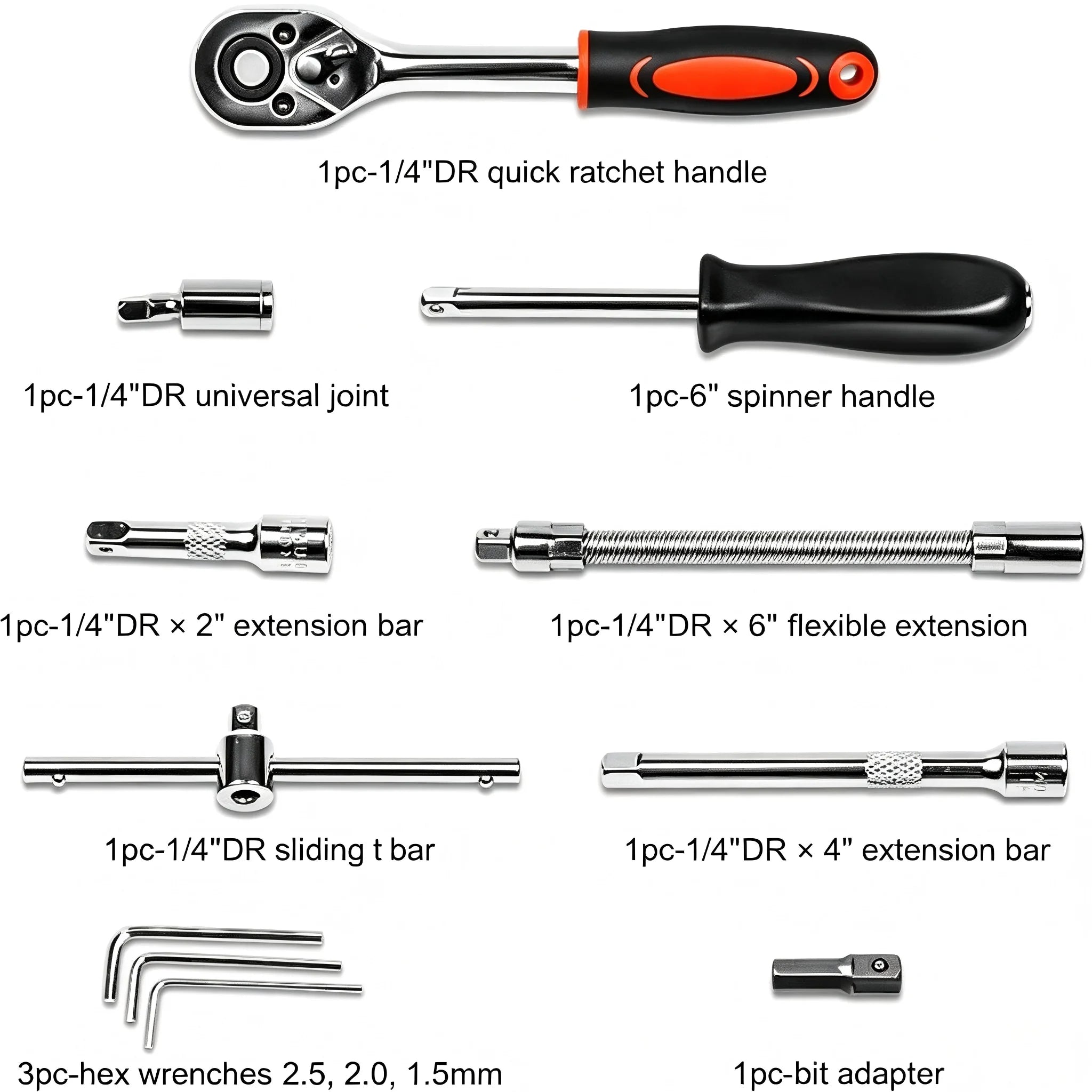 46 Pieces 1/4 Inch Metric Ratchet Socket Wrench Set with Extension Bar, Portable Repair Tools for Auto & Household Use