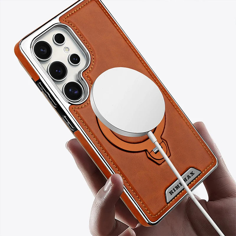 360 ° Rotating Bracket Leather Case,For Samsung Galaxy S24 S23 S25 Ultra S25Edge Wireless Charging Phone Protective Back Cover