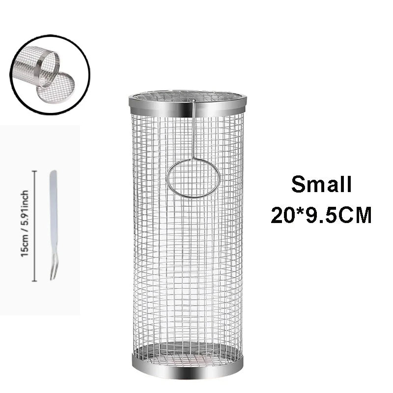 BBQ Basket Stainless Steel Rolling Grilling Basket Wire Mesh Cylinder Grill Basket Portable Round Outdoor Camping Barbecue Rack