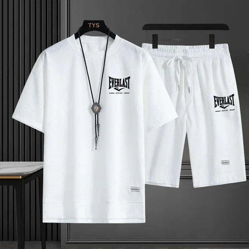 EVERLAST New Summer Men's Daily Casual Breathable Comfortable Loose Sports Set Fashion Brand Men's Waffle Top+Shorts 2-piece Set