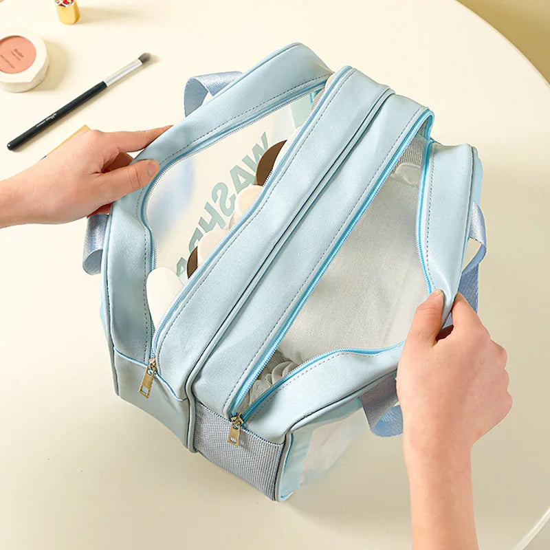 Wet-dry separation makeup bag portable toiletry bag travel essentials transparent frosted PU portable handheld bath storage bag