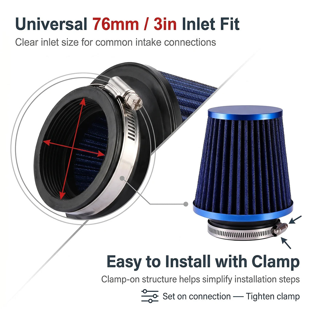 1pc Durable 76mm 3" Universal Car Air Filter High Flow Reusable Cotton Gauze Intake Filter For Motorcycle Automobile Modificatio