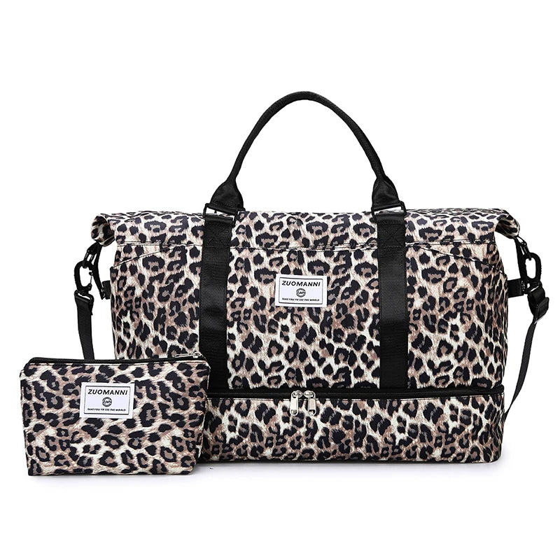 2pcs Set - Large Capacity Travel Duffel Bag with Shoe Compartment and Cosmetic Pouch Casual Nylon Gym Bag Weekend Overnight Bag