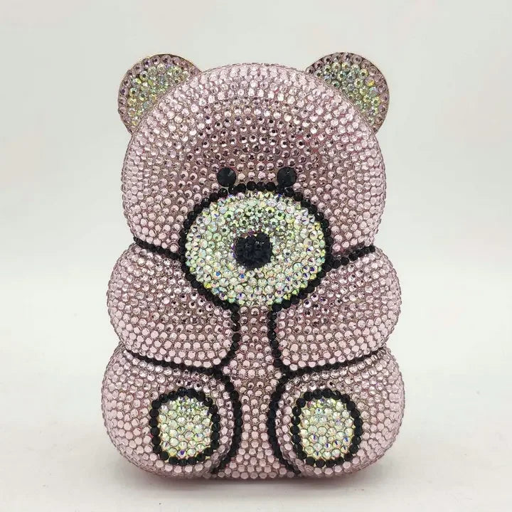 Boutique De FGG Brown Crystal Teddy Bear Evening Clutch Bags for Women Wedding Party Mini Minaudiere Purses and Handbags