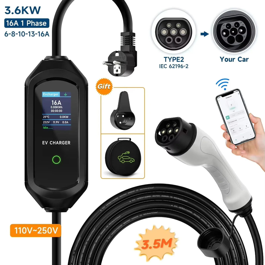 AFEEV 3.6KW Portable EV Charger 16A IEC62196-2 Type 2 Charger Fast Charge Charger Type1 Electric Car Charger GB/T Wallbox