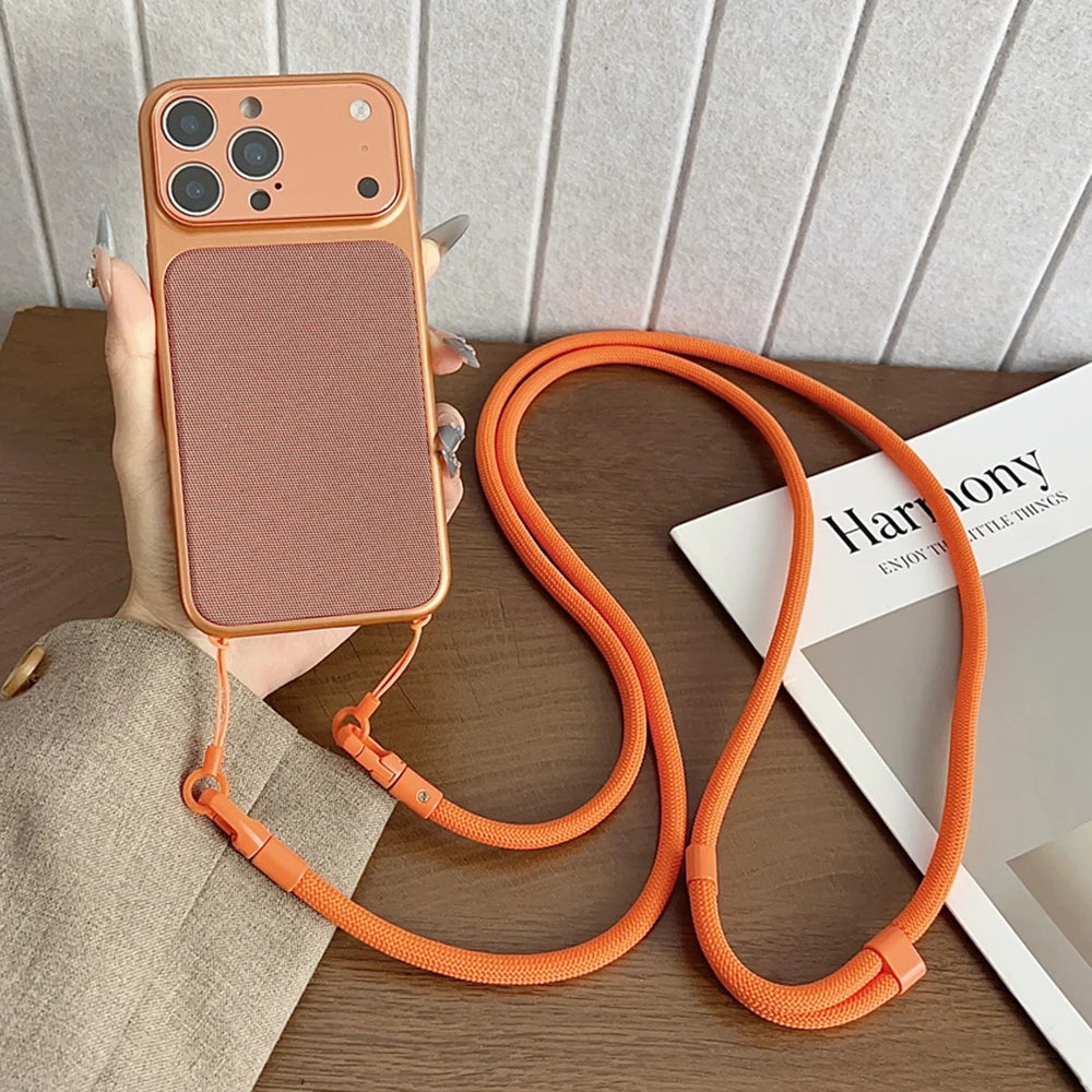Crossbody Lanyard Knitted Pattern Phone Case For iPhone 17 17Pro 16 15 14 13 12 11 Pro Max Metallic Color Frame Original Cover